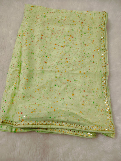 Lemon Green Handwork Chiffon Saree with Unstitched Blouse Piece
