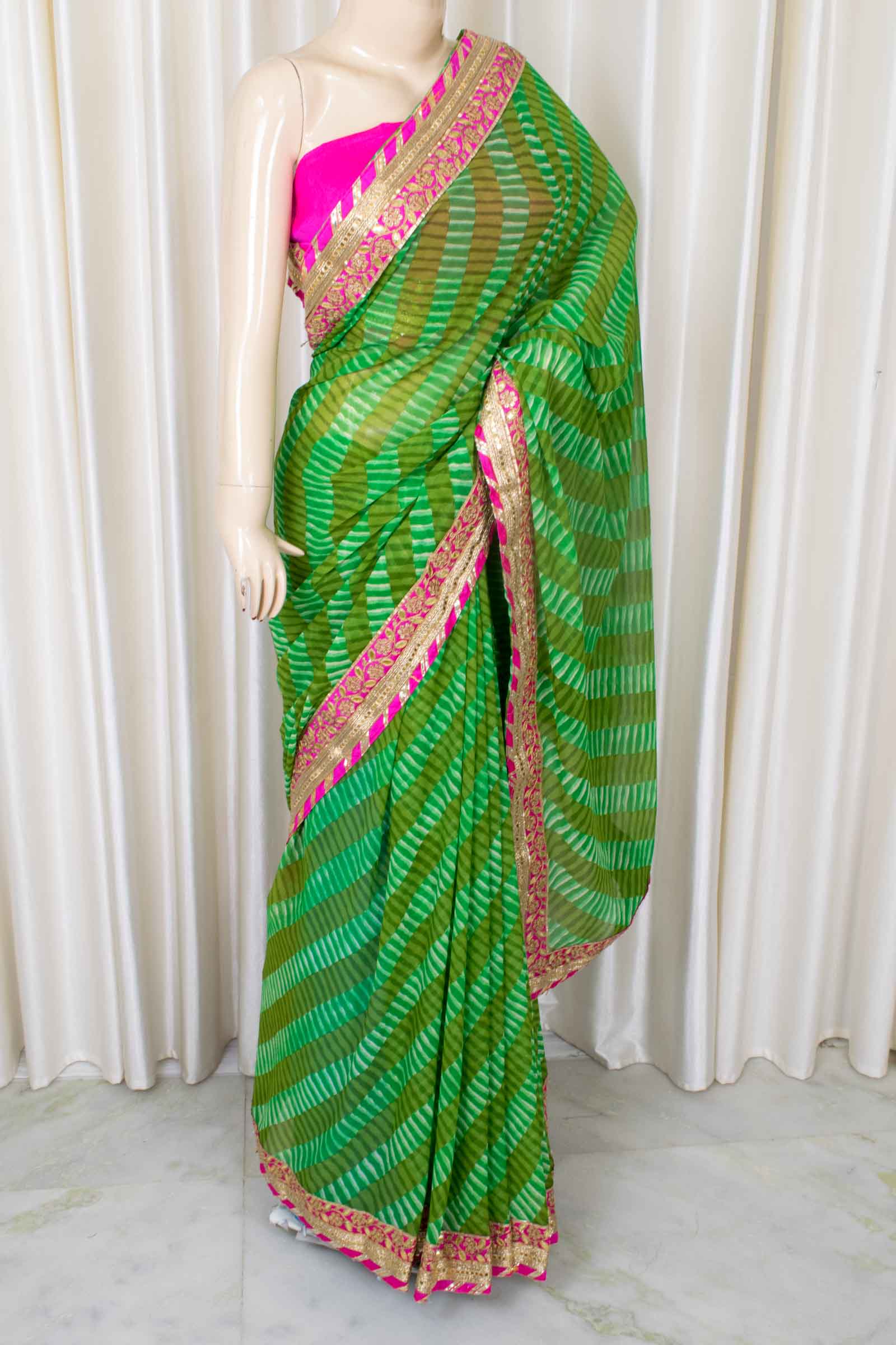 Leheriya Printed Pure Georgette Saree in Parrot Green : SJN7488