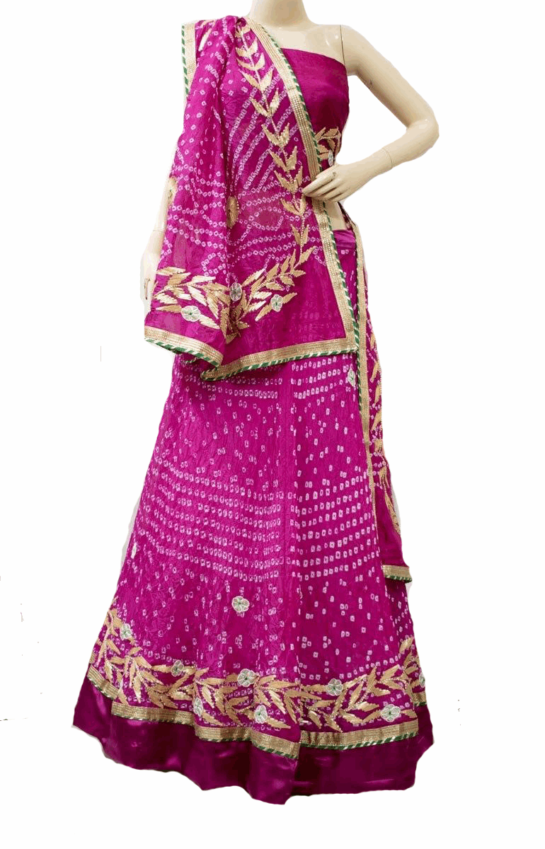 Beautiful Pink Silk Bandhani Hand Gota Work Lehenga with Silk bandhani Dupatta - KANHASAREE