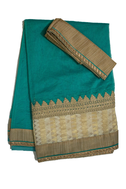 Sea Green pure supernet saree with embroidery and chanderi work - KANHASAREE