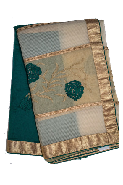 Pure Supernet Designer Bottle green color saree with banarasi silk border - KANHASAREE