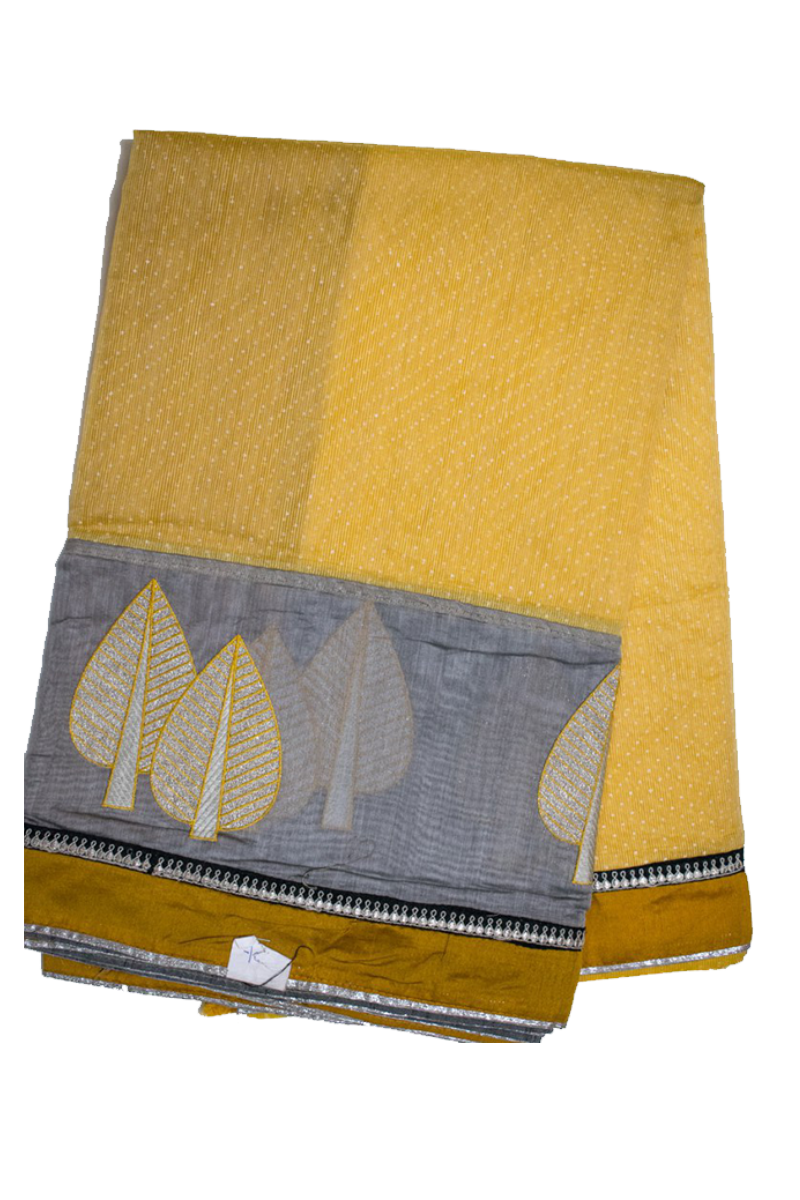 Pure Supernet saree with embroidery patch work in mustard and grey color - KANHASAREE