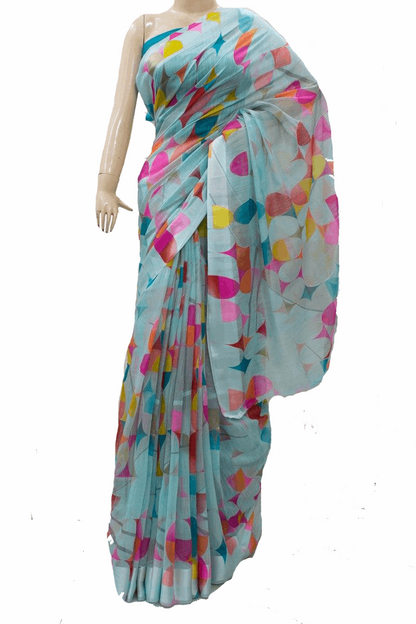 Beautiful Sky Blue Color Linen Printed Saree - KANHASAREE