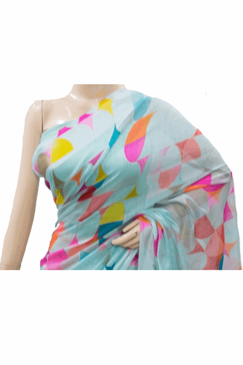 Beautiful Sky Blue Color Linen Printed Saree - KANHASAREE