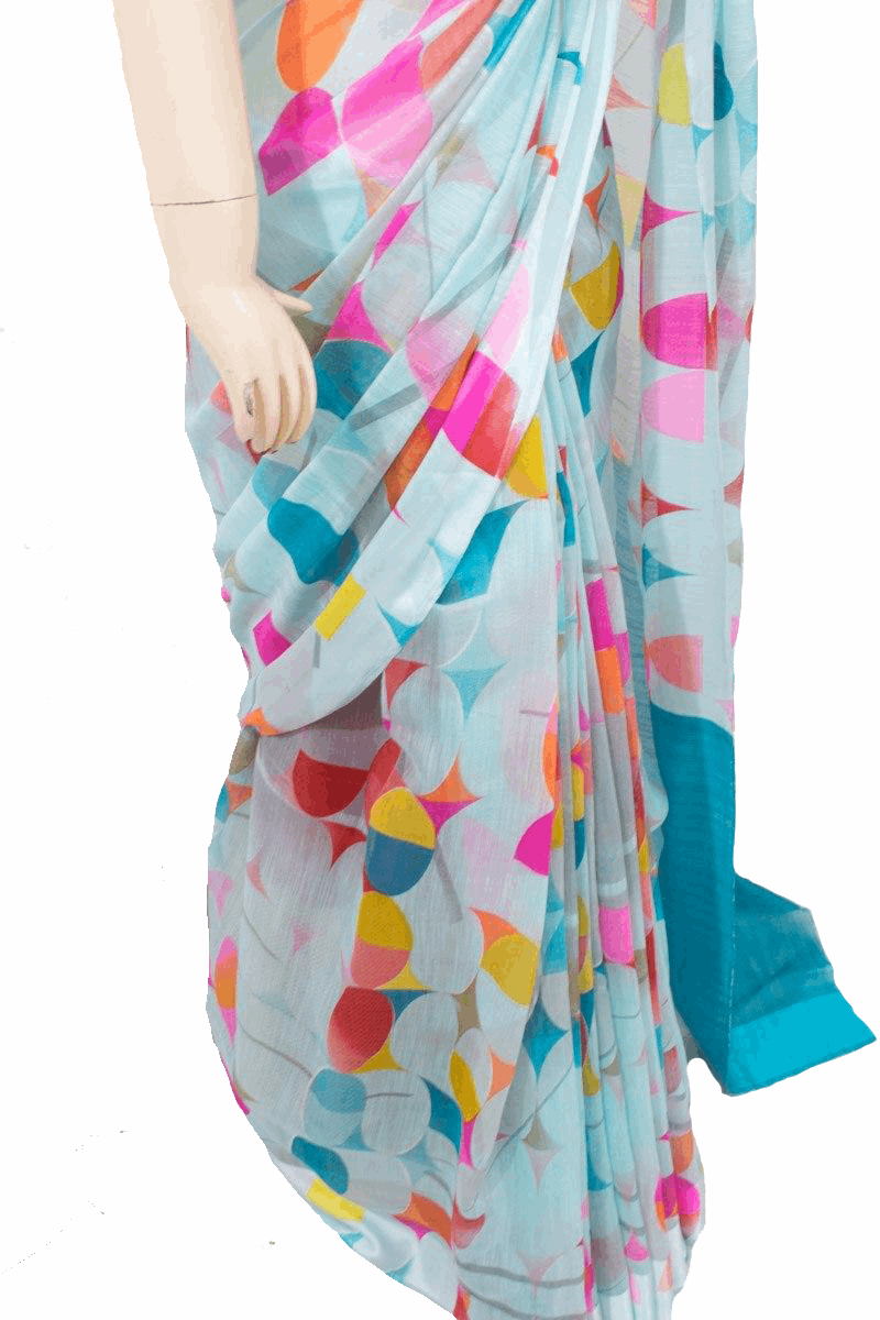 Beautiful Sky Blue Color Linen Printed Saree - KANHASAREE