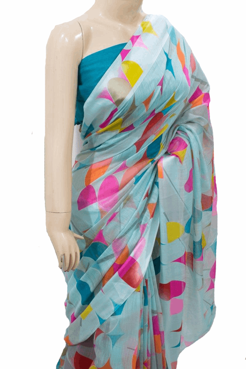 Beautiful Sky Blue Color Linen Printed Saree - KANHASAREE