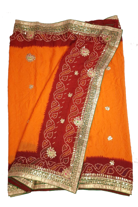 Red Yellow Piliya Moss Crepe Saree with Gota Patti Handwork - KANHASAREE