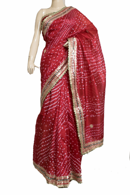 Beautiful Tafetta Silk Bandhani Saree with Gota Work - KANHASAREE