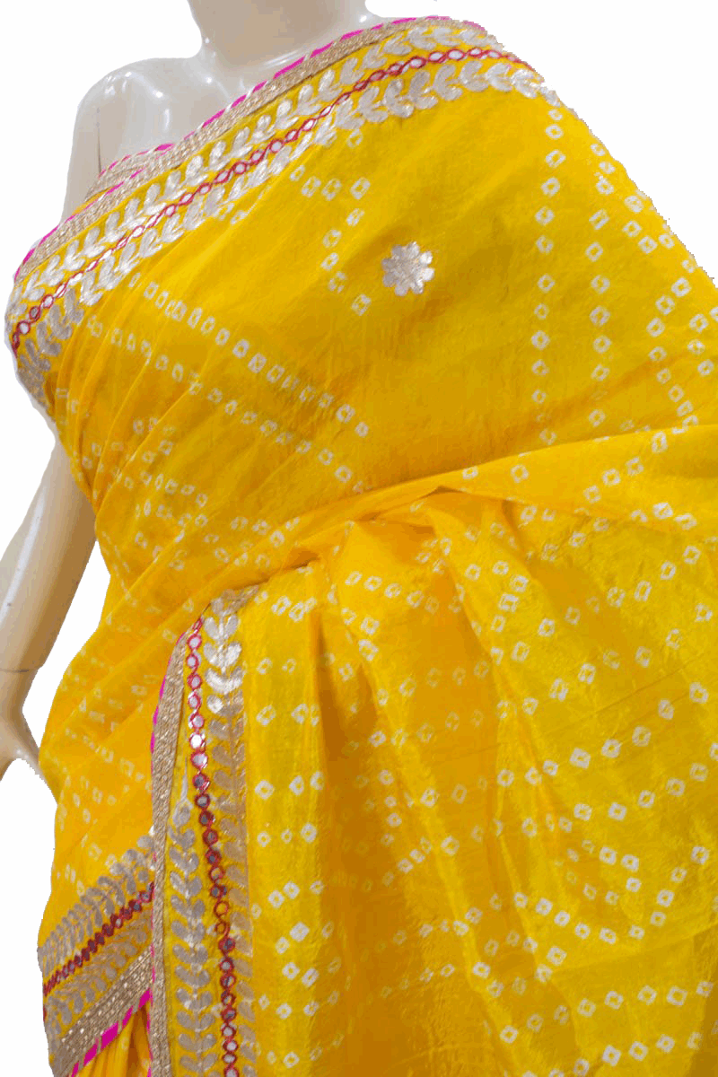 Beautiful Tafetta Silk Bandhani Saree with Gota Work - KANHASAREE