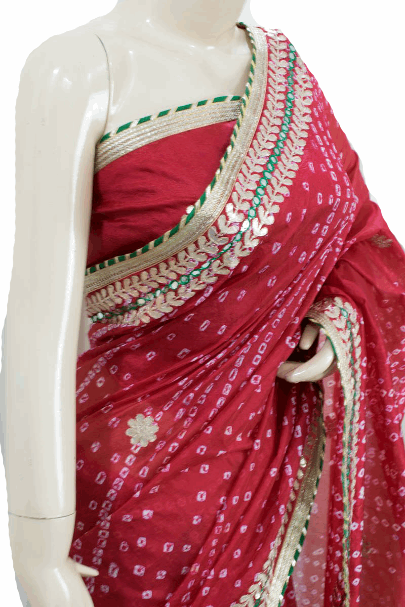 Beautiful Tafetta Silk Bandhani Saree with Gota Work - KANHASAREE