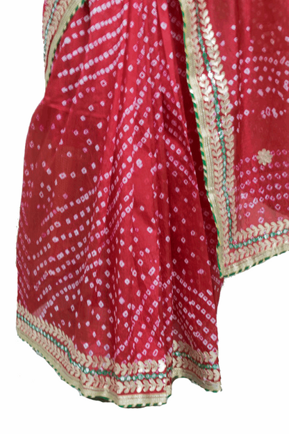 Beautiful Tafetta Silk Bandhani Saree with Gota Work - KANHASAREE