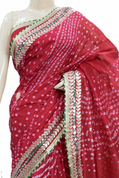 Beautiful Tafetta Silk Bandhani Saree with Gota Work - KANHASAREE