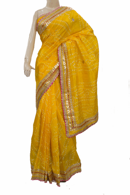 Beautiful Tafetta Silk Bandhani Saree with Gota Work - KANHASAREE