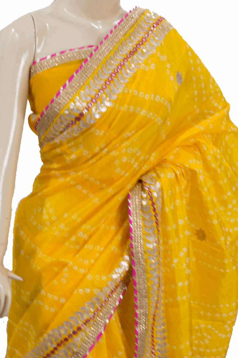 Beautiful Tafetta Silk Bandhani Saree with Gota Work - KANHASAREE