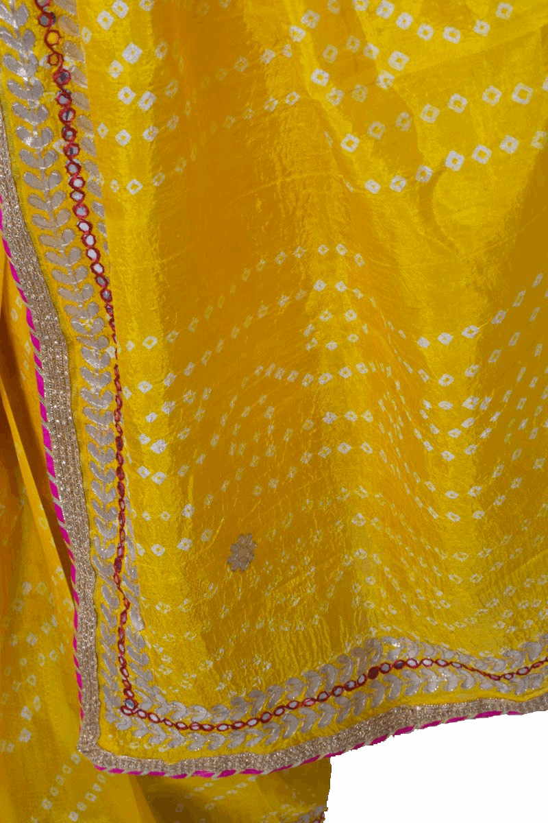 Beautiful Tafetta Silk Bandhani Saree with Gota Work - KANHASAREE