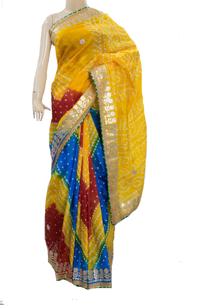 Yellow Bandhani Tafetta Silk Saree with Gota Work - KANHASAREE