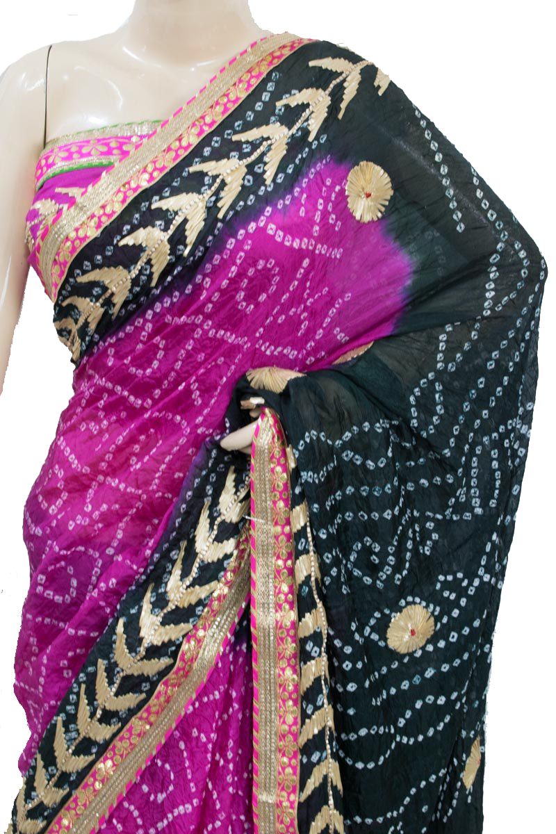 Pink Black Taffeta Silk Bandhani Saree with Gota Work Border - KANHASAREE