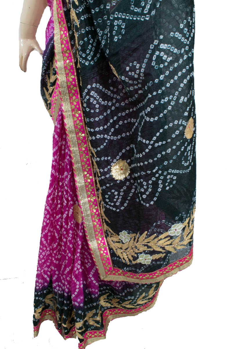 Pink Black Taffeta Silk Bandhani Saree with Gota Work Border - KANHASAREE