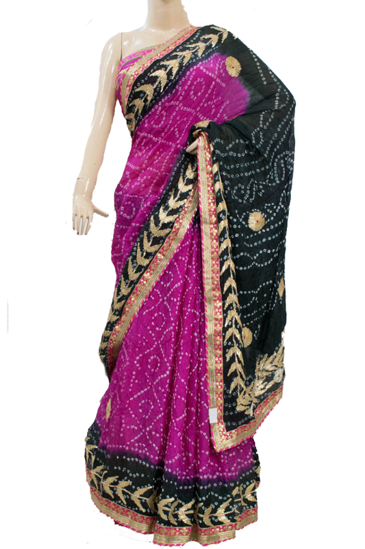 Pink Black Taffeta Silk Bandhani Saree with Gota Work Border - KANHASAREE