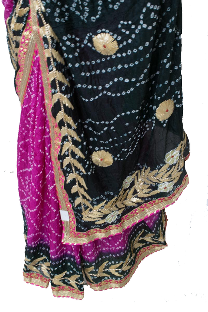 Pink Black Taffeta Silk Bandhani Saree with Gota Work Border - KANHASAREE