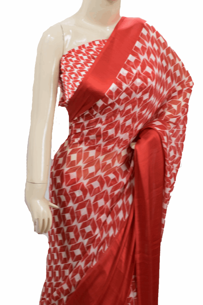 Beautiful Red Georgette printed Saree with Satin border - KANHASAREE