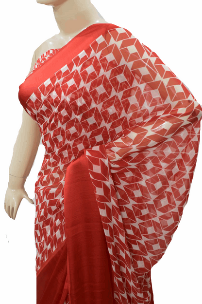 Beautiful Red Georgette printed Saree with Satin border - KANHASAREE