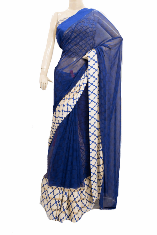 Beautiful Georgette Blue printed Saree with satin border - KANHASAREE