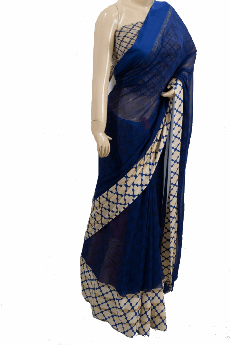 Beautiful Georgette Blue printed Saree with satin border - KANHASAREE