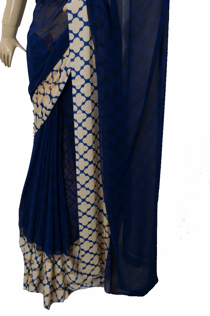 Beautiful Georgette Blue printed Saree with satin border - KANHASAREE