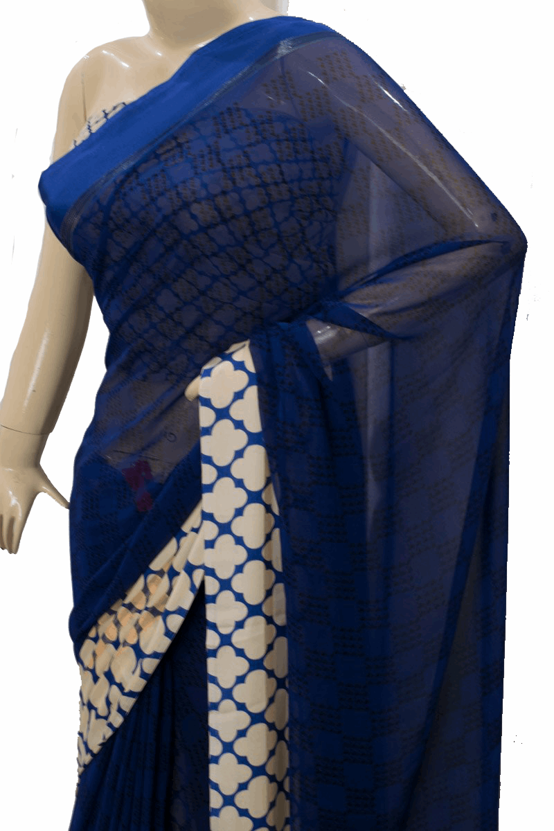 Beautiful Georgette Blue printed Saree with satin border - KANHASAREE