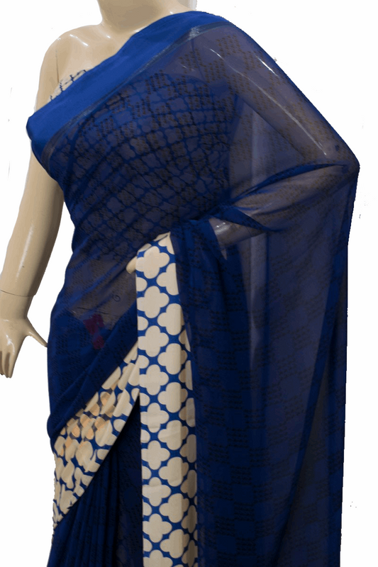 Beautiful Georgette Blue printed Saree with satin border - Kanhasarees by ksds