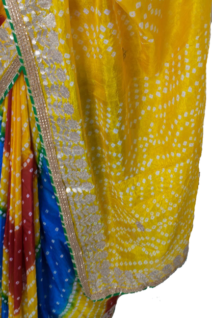 Yellow Bandhani Tafetta Silk Saree with Gota Work - KANHASAREE