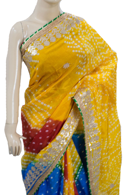 Yellow Bandhani Tafetta Silk Saree with Gota Work - KANHASAREE