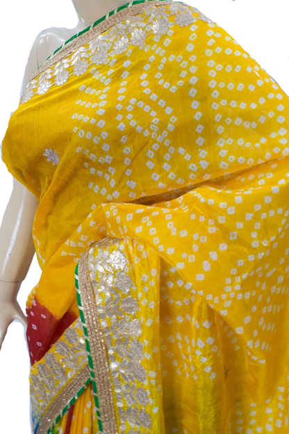 Yellow Bandhani Tafetta Silk Saree with Gota Work - KANHASAREE