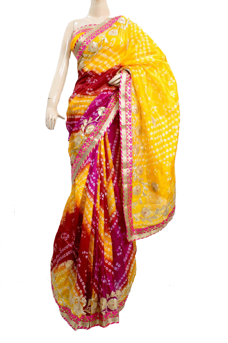 Multicolor Taffeta Silk Bandhani Saree with Yellow color Pallu and Gota Work Border - KANHASAREE