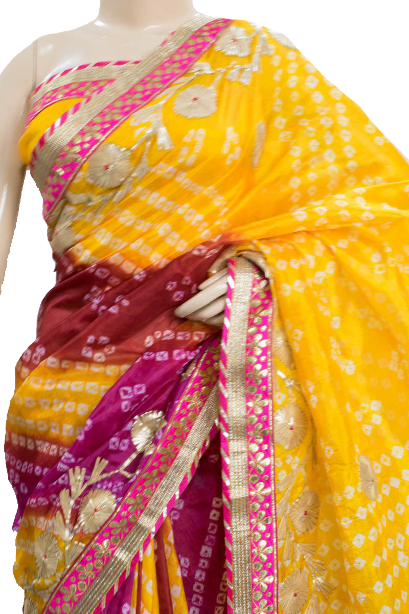 Multicolor Taffeta Silk Bandhani Saree with Yellow color Pallu and Gota Work Border - KANHASAREE