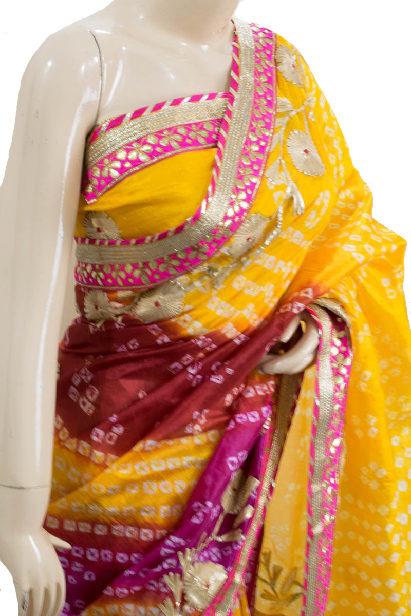 Multicolor Taffeta Silk Bandhani Saree with Yellow color Pallu and Gota Work Border - KANHASAREE