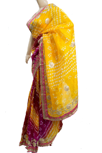 Multicolor Taffeta Silk Bandhani Saree with Yellow color Pallu and Gota Work Border - KANHASAREE