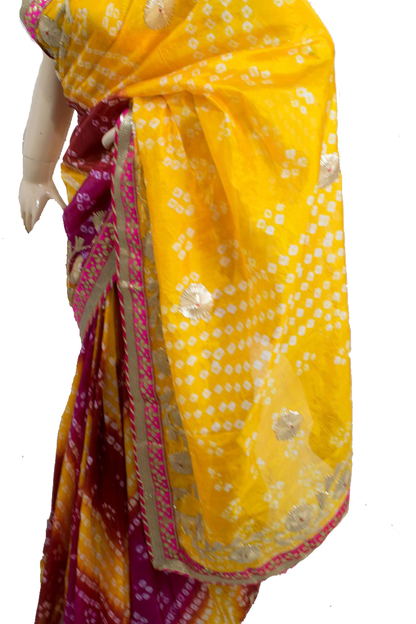 Multicolor Taffeta Silk Bandhani Saree with Yellow color Pallu and Gota Work Border - KANHASAREE