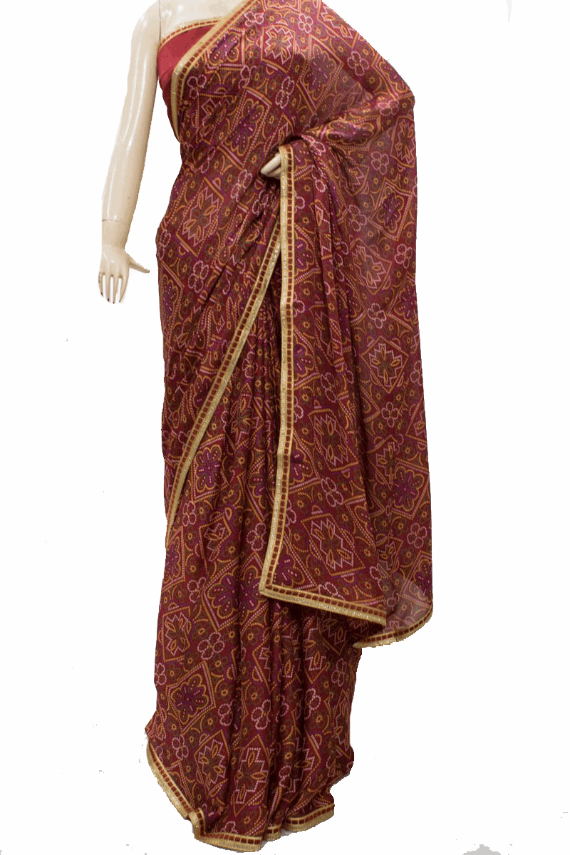 Beautiful Traditional Crepe Bandhani saree with Small Gota border - KANHASAREE