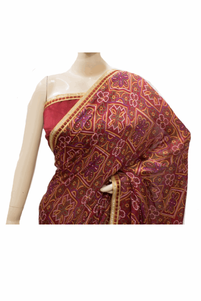 Beautiful Traditional Crepe Bandhani saree with Small Gota border - KANHASAREE