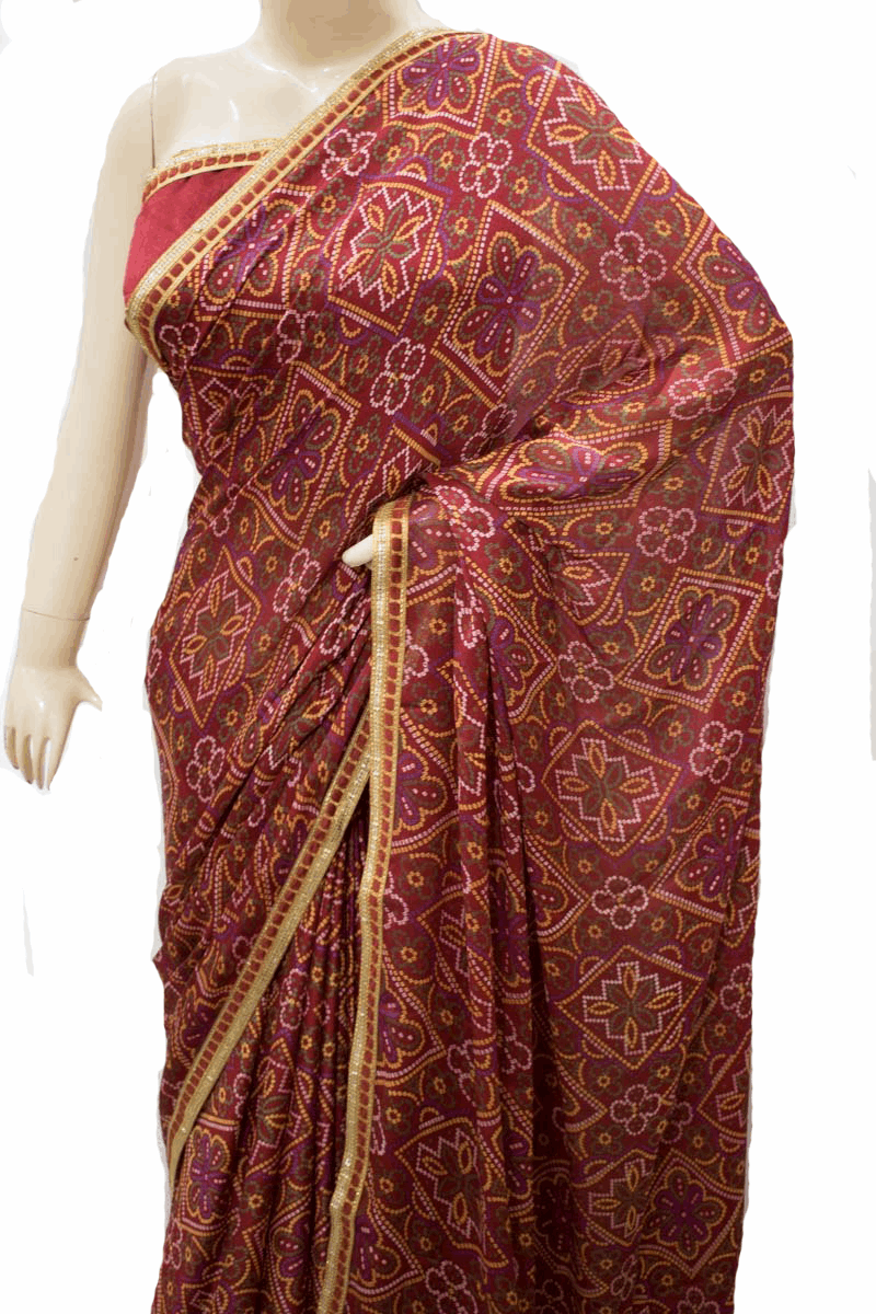 Beautiful Traditional Crepe Bandhani saree with Small Gota border - KANHASAREE