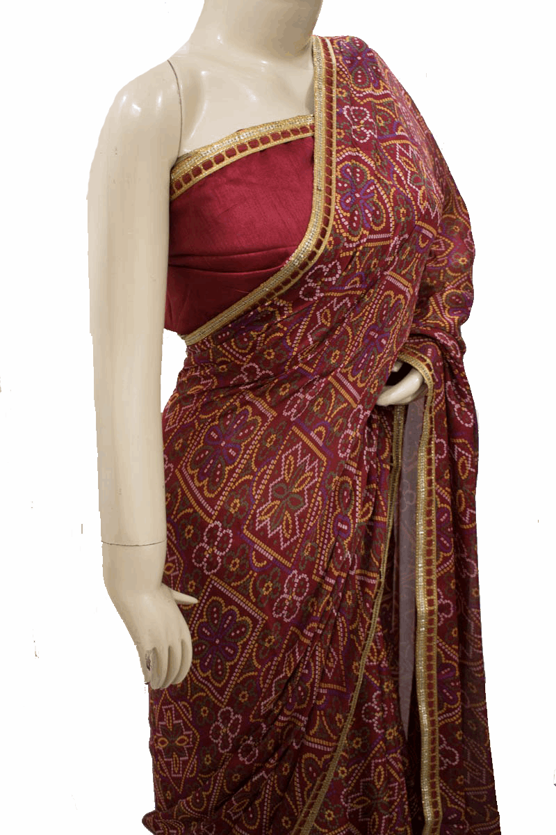 Beautiful Traditional Crepe Bandhani saree with Small Gota border - KANHASAREE