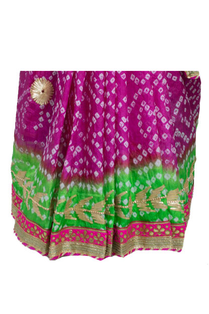 Pink Green Taffeta Silk Bandhani Saree with Gota Work Border - KANHASAREE