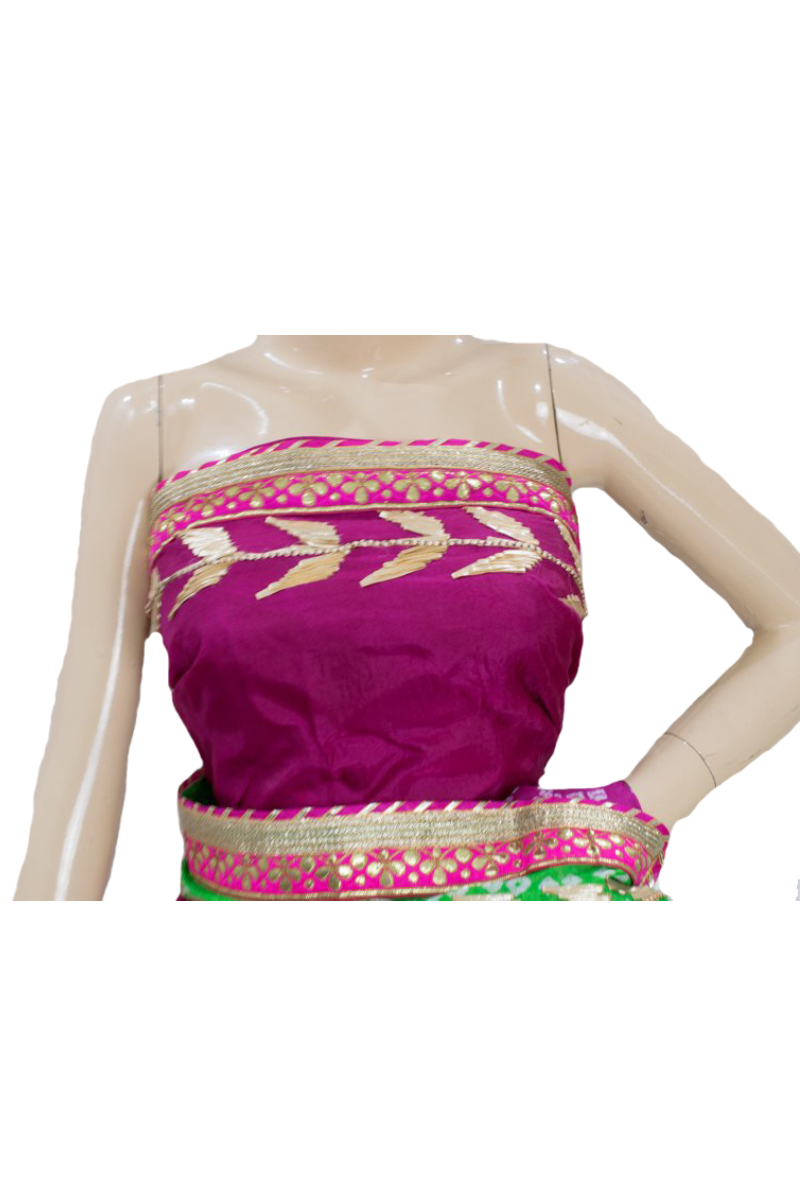 Pink Green Taffeta Silk Bandhani Saree with Gota Work Border - KANHASAREE