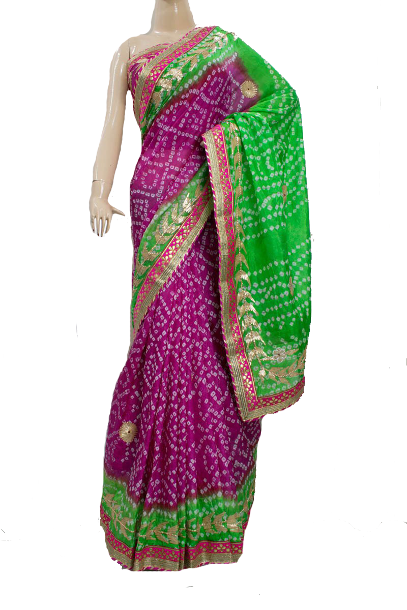 Pink Green Taffeta Silk Bandhani Saree with Gota Work Border - KANHASAREE