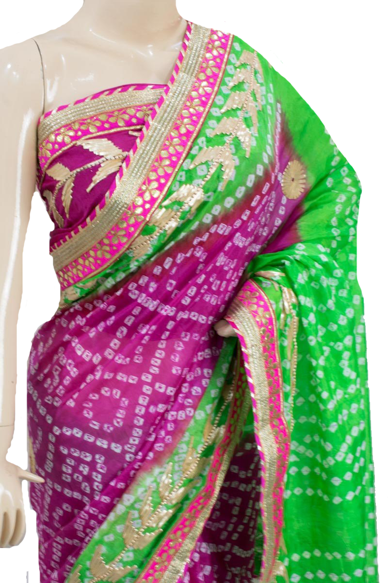 Pink Green Taffeta Silk Bandhani Saree with Gota Work Border - KANHASAREE