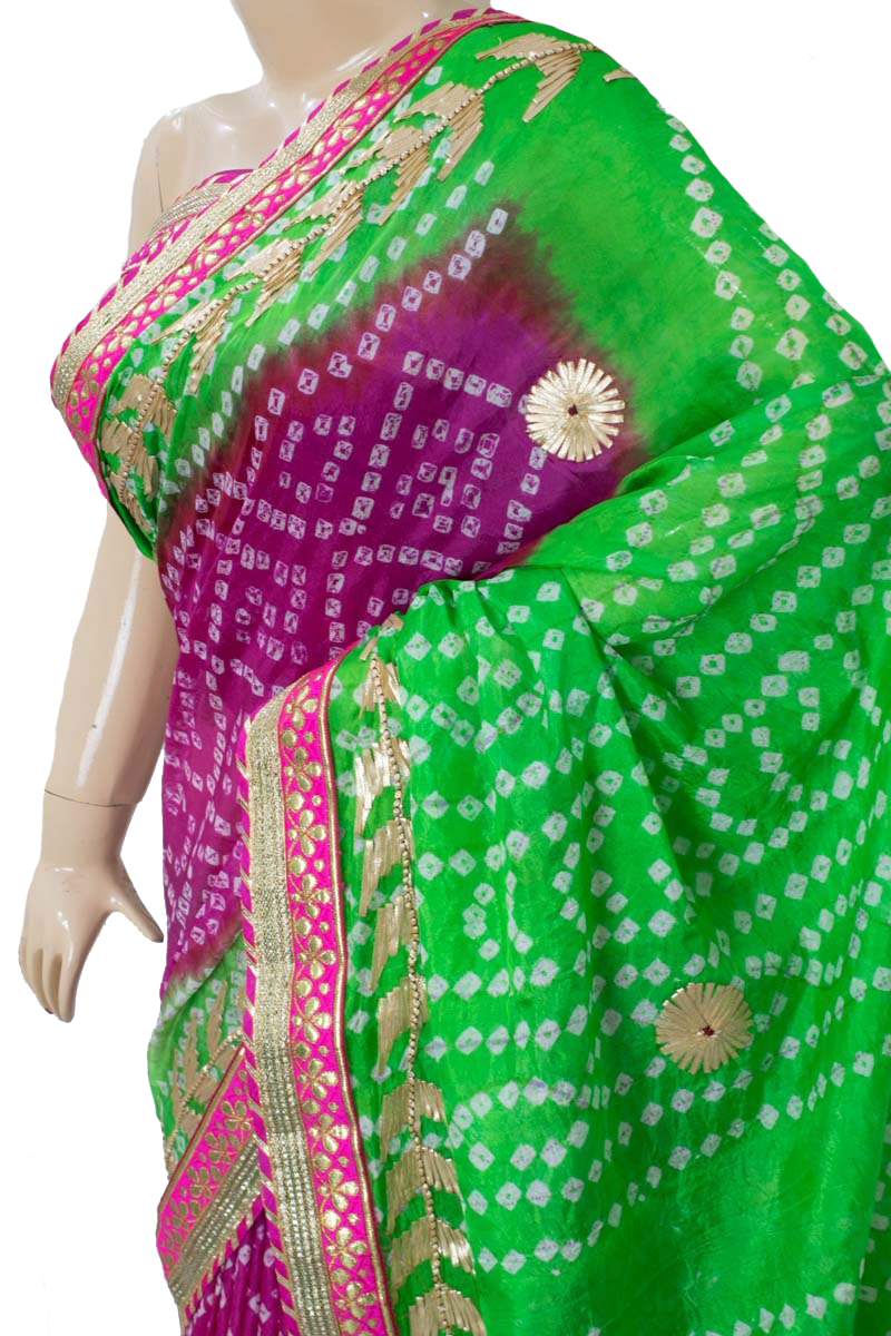 Pink Green Taffeta Silk Bandhani Saree with Gota Work Border - KANHASAREE