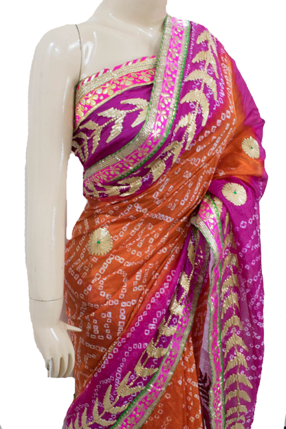 Orange Pink Taffeta Silk Bandhani Saree with Gota Work Border - KANHASAREE