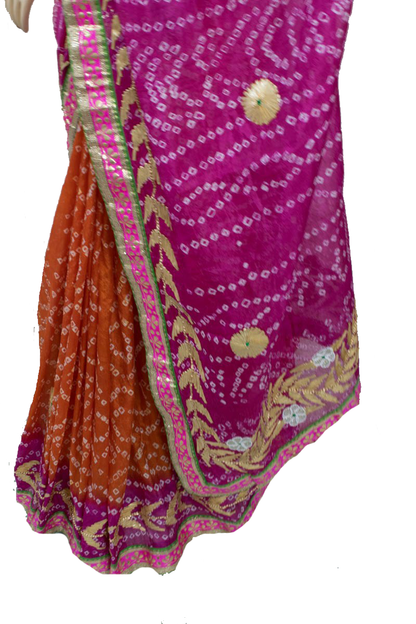 Orange Pink Taffeta Silk Bandhani Saree with Gota Work Border - KANHASAREE